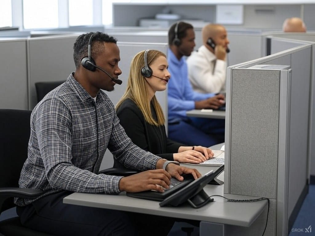TSI National Call Center Training – Agents receiving hands-on training to enhance customer service and sales performance in an insurance call center.