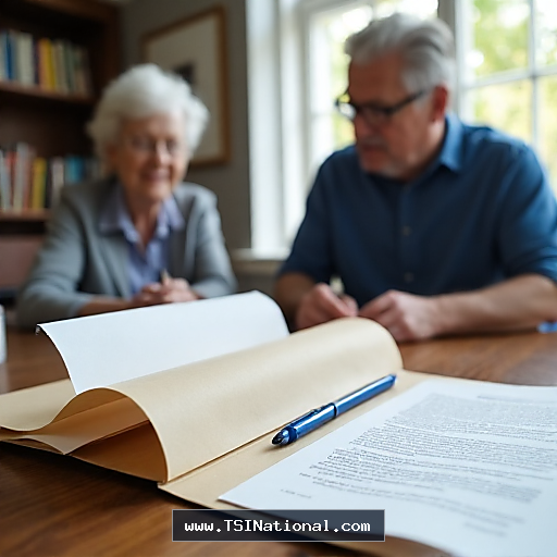 Open application folder and blue pen on a desk with adults reviewing paperwork